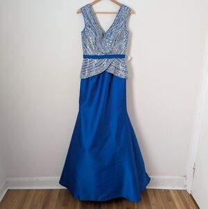 NWT MGNY Madeline Gardner Royal Blue Silver Beaded Faux Two Piece Gown Dress